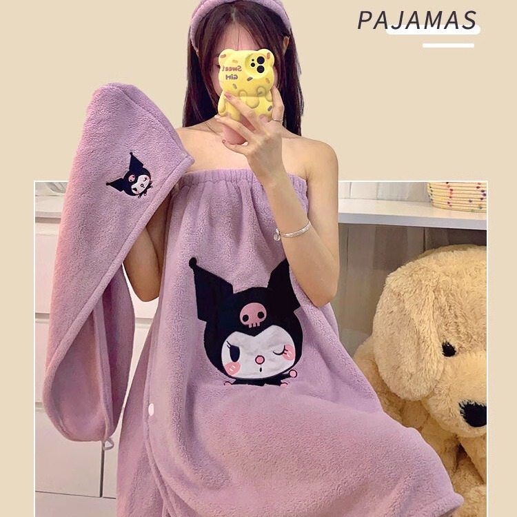 Coulemi Bath Towel Wrapped Full Body Bathrobe Dry Hair Cap Can Be Worn with Absorbent Large Towel Bathing Household Bath Skirt Sanrio Women