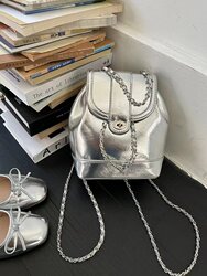 Korean Niche Autumn New Style Chanel-Inspired Chain Silver Backpack for Women ins Blogger Handbag Small Travel Backpack