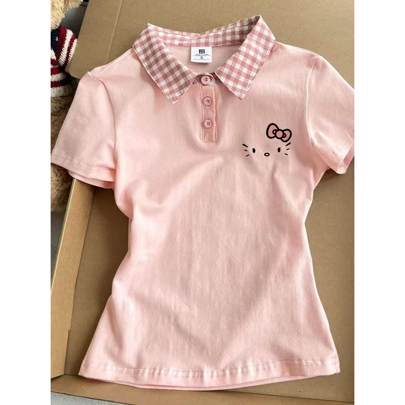 Sweet Polo Collar Light Pink Short-Sleeved T-Shirt for Women, New Summer Style with Kt Cat Print, Short Slim-Fit Plaid Top Sweet Polo Collar Light Pink Short-Sleeved T-Shirt for Women, New Summer Style with Kt Cat Print, Short Slim-Fit Plaid Top
