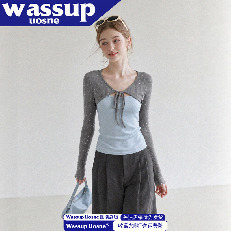 Korean-Style Color-Block Polka Dot Tie-Up Shawl Fake Two-Piece Long-Sleeve T-Shirt for Women, Autumn Slim-Fit Design Top Trendy