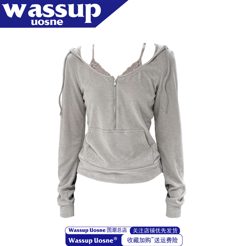 Bm Style Hooded Fake Two-Piece Zip-Up Hoodie for Women, New Autumn Lace Patchwork Slim-Fit Long-Sleeve T-Shirt Top