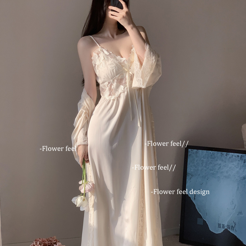 Flowerfeel Beauty Goddess Pajamas, Feminine 2026 New Spring and Summer Ice Silk Camisole Nightdress with Chest Pads, Long Dress