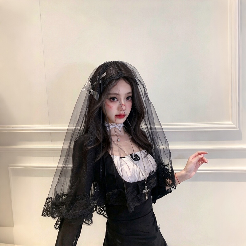 Halloween Costume Black and White Red Lace Veil Nun Costume Adult Female Cosplay Suit Role-Playing Outfit