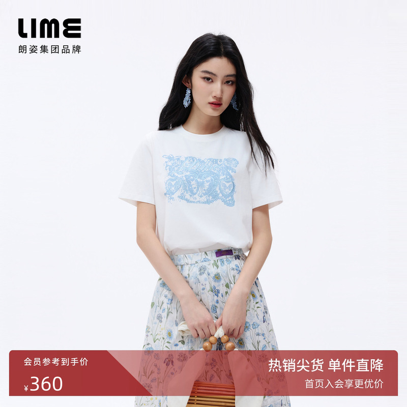 Langzi/Lime Rhine Cotton Butterfly Print Heavy Embroidery T-Shirt Vintage Short Sleeve 2026 Summer New Style