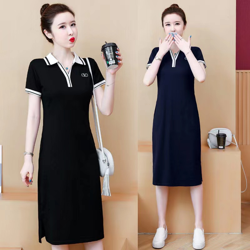 Over-The-Knee Polo Dress for Women, Summer Loose Fit, Tummy-Covering, Plus Size, Turn-Down Collar, Casual Sports Long T-Shirt Dress, Trendy