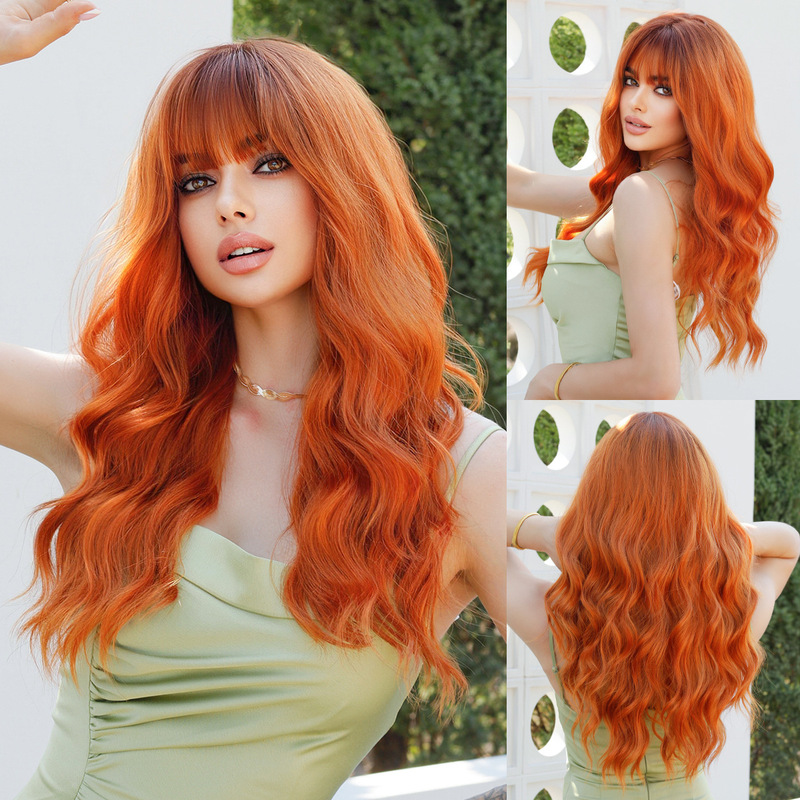 European and American Orange Wig with Bangs, Long Curly Hair, Ginger Wig Headgear, Orange Ginger Wigs
