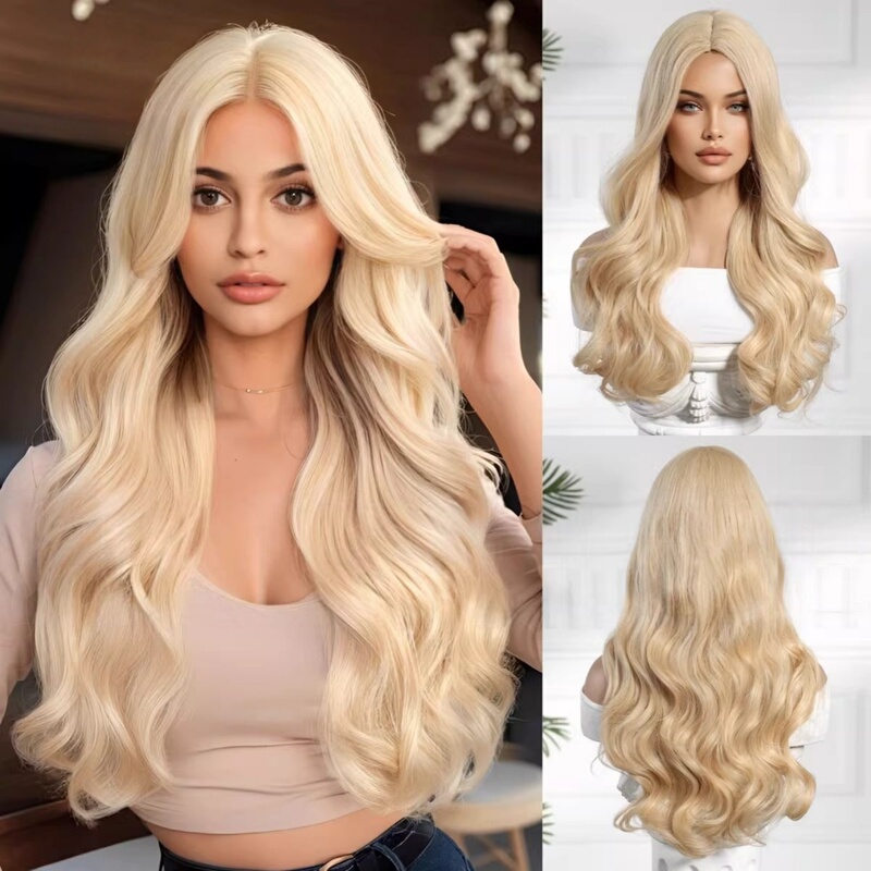 European and American Hot-Selling Long Curly Wig for Women with Bangs, Golden Middle Part, Large Waves, High-Temperature Fiber Full Head Wig