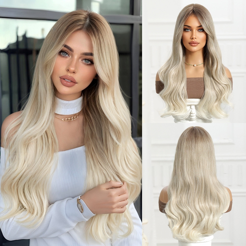 European and American Style Wigs for Women, Platinum Highlights, Gradient Long Curly Hair, Middle Part, Full Head Wig, High-Temperature Fiber, for Daily Use European and American Style Wigs for Women, Platinum Highlights, Gradient Long Curly Hair, Middle Part, Full Head Wig, High-Temperature Fiber, for Daily Use