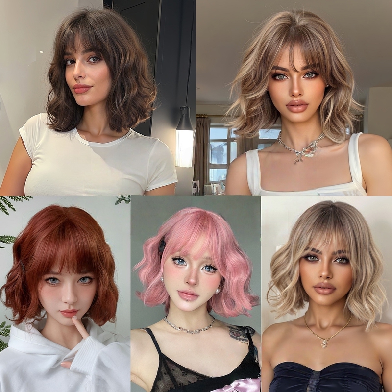 European and American Style Wigs for Women, Orange Bobo Cut with Bangs, Natural and Fluffy Short Curly Hair, Full Head Wig, Breathable Everyday Water Wave Style