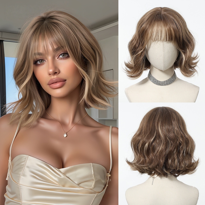 European and American Style Wigs for Women, Full Head Cover, Short Curly Bob with Bangs, High-Temperature Fiber Wigs, Cute for Daily Wear and Parties