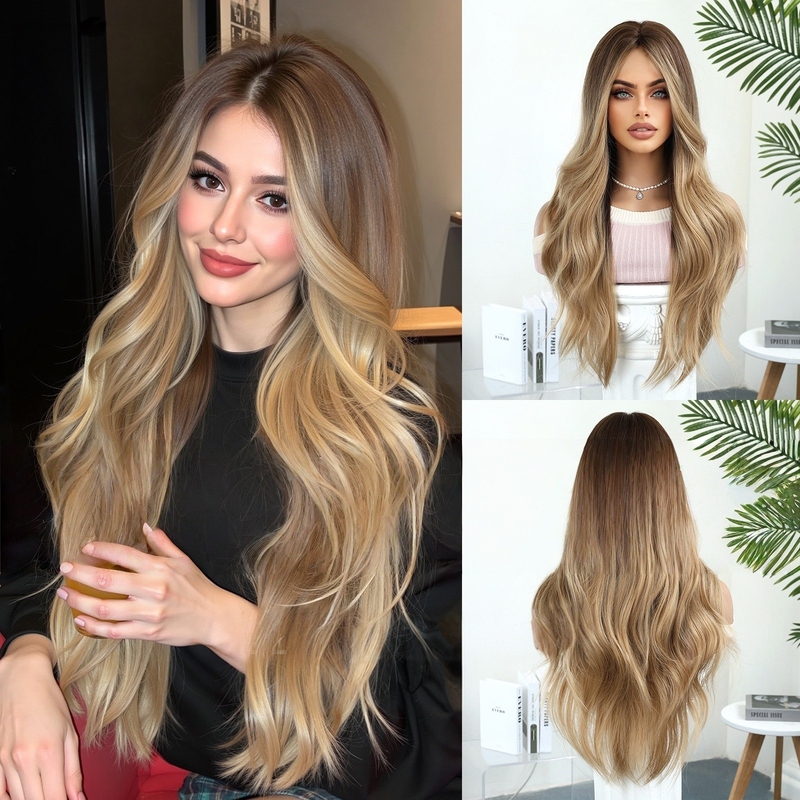 European and American Style Golden Gradient Wig with Dyed Wavy Layers on Top, Feminine Headgear, High-Temperature Fiber, Convenient for Daily Use