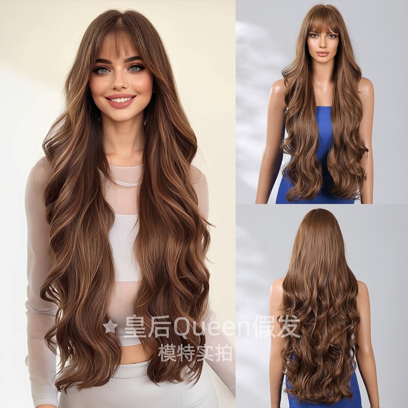 European and American Style 30-Inch Women's Full Head Wig with Bangs, Dark Brown, Large Waves, 76cm, Fashionable Long Curly Hair Wig European and American Style 30-Inch Women's Full Head Wig with Bangs, Dark Brown, Large Waves, 76cm, Fashionable Long Curly Hair Wig