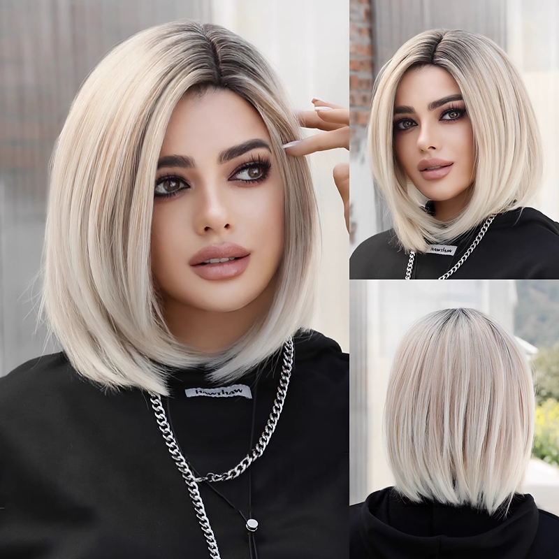 European and American Style Wig, White Tea Gradient, Side Bangs, Middle Part, Short Hair, Rose Net Full Wig, High-Temperature Synthetic Fiber Bob Wigs