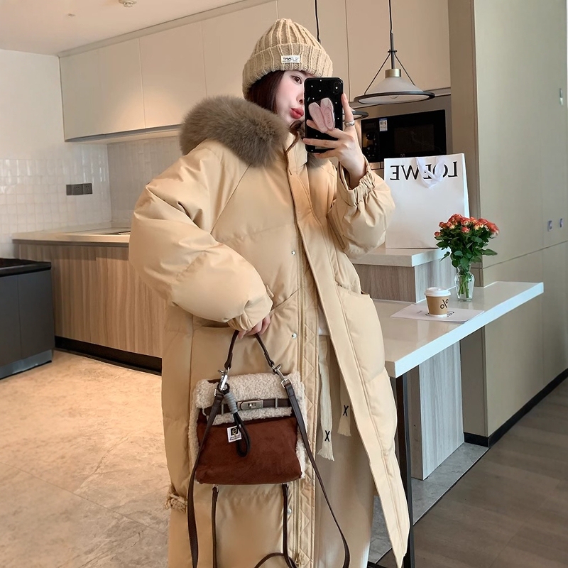 Champs Elysees Fur Collar Mid-Length 90% down Jacket for Women Winter 2025 New Hooded Thickened White Duck down High-End Coat