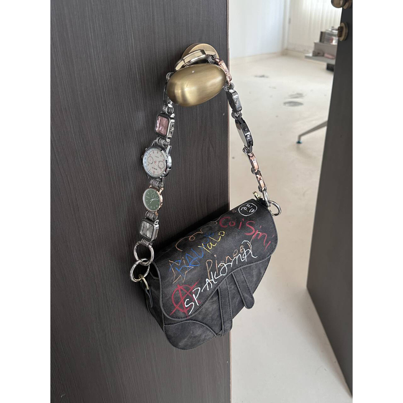 【C138】New Quirky Hand-Painted Graffiti Dial Shoulder Strap Heavy-Duty Whimsical Design Crossbody Saddle Bag