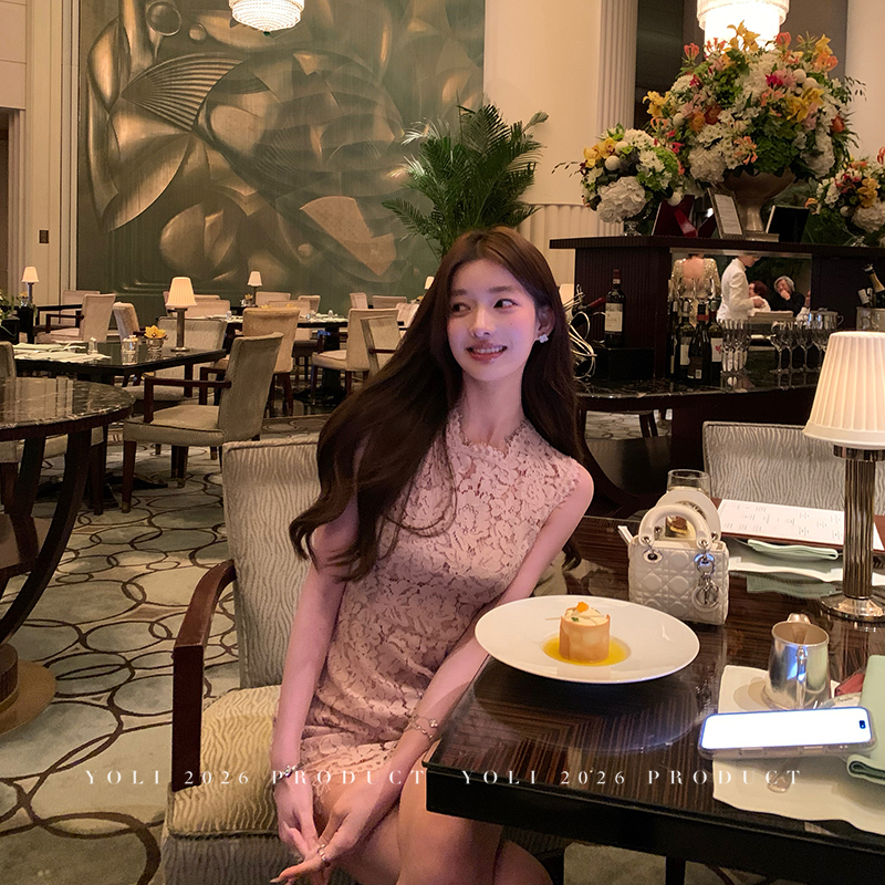 Yoli Zhang Yuli's "Antique Chanson" Pink Sleeveless Dress for Women, Summer Hollow Lace Slim-Fit Short Dress Yoli Zhang Yuli's "Antique Chanson" Pink Sleeveless Dress for Women, Summer Hollow Lace Slim-Fit Short Dress