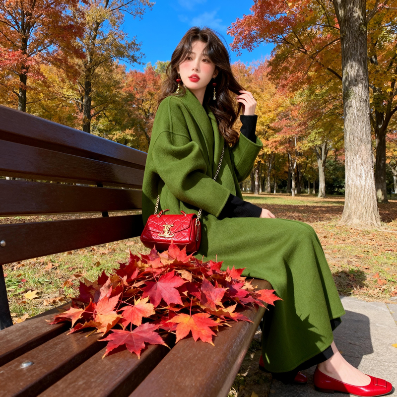 Unique and Super Stylish Woolen Coat for Deep Winter, Long and Stunning Winter Wear, Extremely Beautiful Double-Sided Wool Green Coat