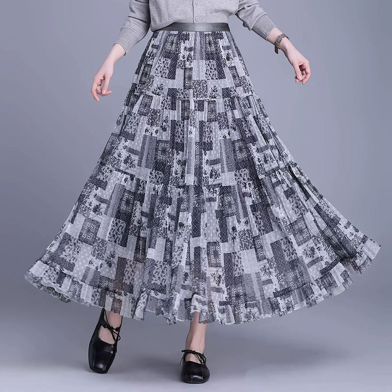 Printed Patchwork A-Line Skirt for Women, Summer High-Waisted, Slimming, Drapey, Vintage Casual Style, Mid-Length Skirt Printed Patchwork A-Line Skirt for Women, Summer High-Waisted, Slimming, Drapey, Vintage Casual Style, Mid-Length Skirt
