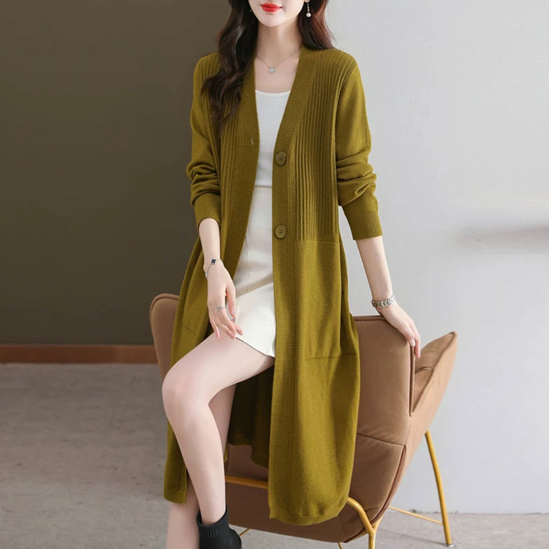 Lazy Style V Neck Knitted Cardigan for Women 2026 Autum Mid-Length Loose Long-Sleeved Sweater Jacket Elegant Top