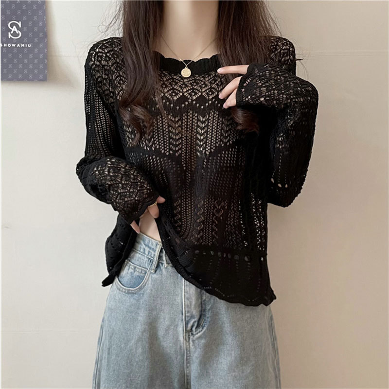 Lazy Style Crochet Hollow-Out Knit Sweater for Women, Summer Long-Sleeve Blouse with a Unique Design, Niche Loose Short Versatile Top