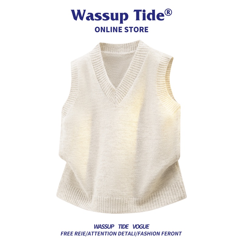 Wassup Tide Trendy Brand Preppy Style V-Neck Knitted Vest for Men 2026 Autumn New Sleeveless Sweater Vest