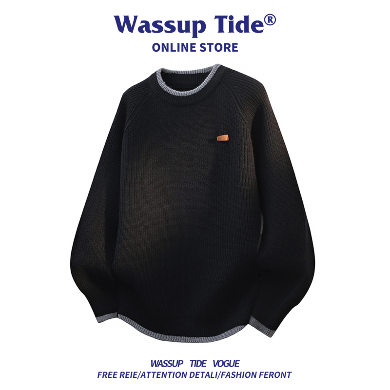 Wassup Tide Trendy Men's Round-Neck Knit Sweater with Black Contrast Stripes, Simple and Versatile