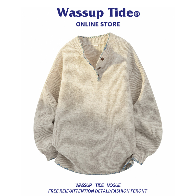 Wassup Tide American-Style Knitted Wool Sweater for Men, Spring and Autumn, Retro Lazy Style, Trendy Casual Sweater Jacket Wassup Tide American-Style Knitted Wool Sweater for Men, Spring and Autumn, Retro Lazy Style, Trendy Casual Sweater Jacket