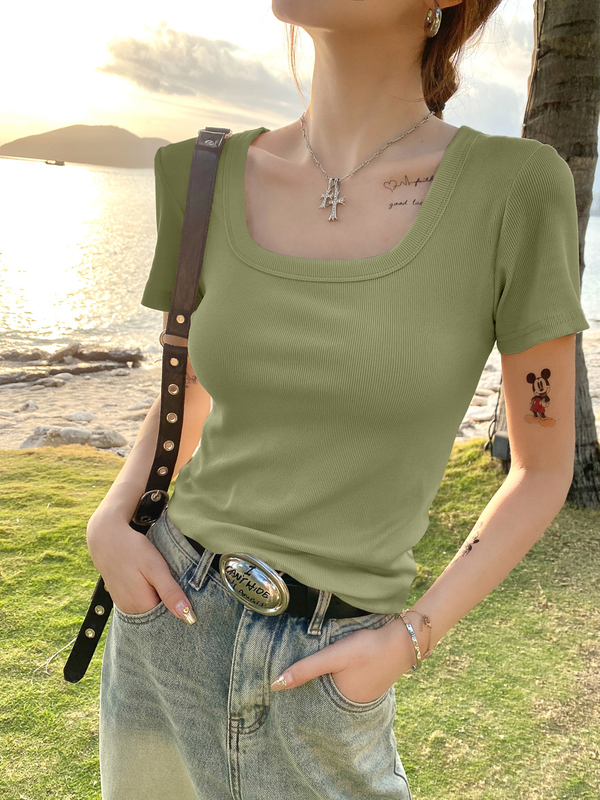 U-Neck Short-Sleeve T-Shirt for Women, Summer 2026 New Korean Style Modal Ribbed Regular Shoulder Slim Fit Solid Color Top for Women
