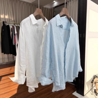 Light Blue Linen Sun Protection Shirt for Women, Summer High-End Loose, Lazy, Relaxed and Breathable Shirt, Long-Sleeved Cotton and Linen Top
