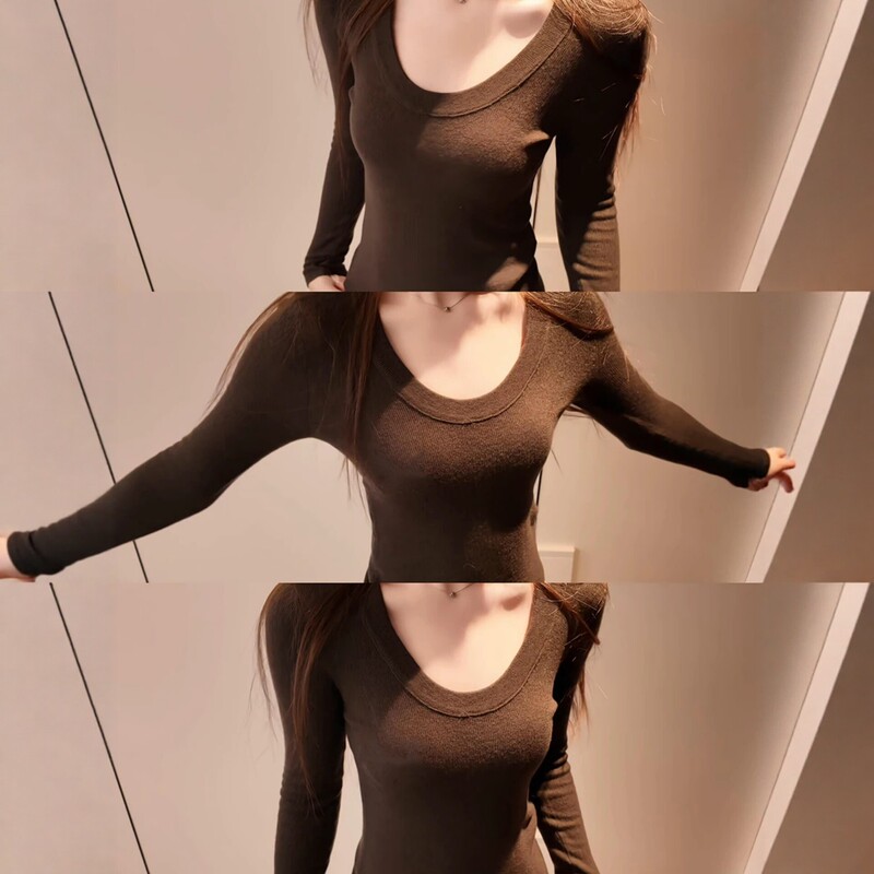 Melard Coffee-Colored U-Neck Knitted Base Sweater for Women, Autumn High-End Slim-Fit Inner Sweater with Long Sleeves Melard Coffee-Colored U-Neck Knitted Base Sweater for Women, Autumn High-End Slim-Fit Inner Sweater with Long Sleeves