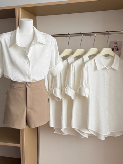 Белая льняная рубашка, классический крой, короткий рукав, женская летняя повседневная, элегантная рубашка в стиле «old money», из хлопка и льна, топ во французском стиле для высокого класса.