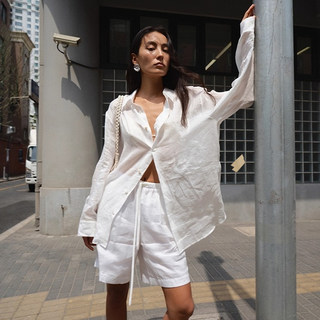 White Linen Old Money Style Shirt for Women, Summer Thin Style, Lazy and Relaxed Feel, Breathable Cotton and Linen Shirt and Shorts Sun Protection Set