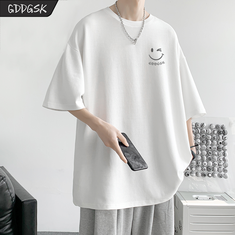 Gddgsk Smiley Face Short-Sleeve T-Shirt for Men, Trendy Brand, White Half-Sleeve, Loose Fit, Summer T-Shirt, Men's Large Size Undershirt