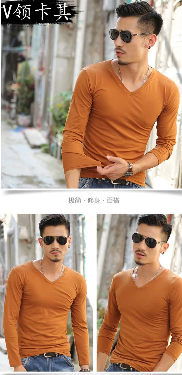 Áo thun nam dài tay mùa thu cổ chữ V thanh lịch cho người trẻ tuổi Màu sắc mỏng manh Mùa xuân và mùa thu đen thuần khiết Quần áo mùa thu áo phông nam cao cấp