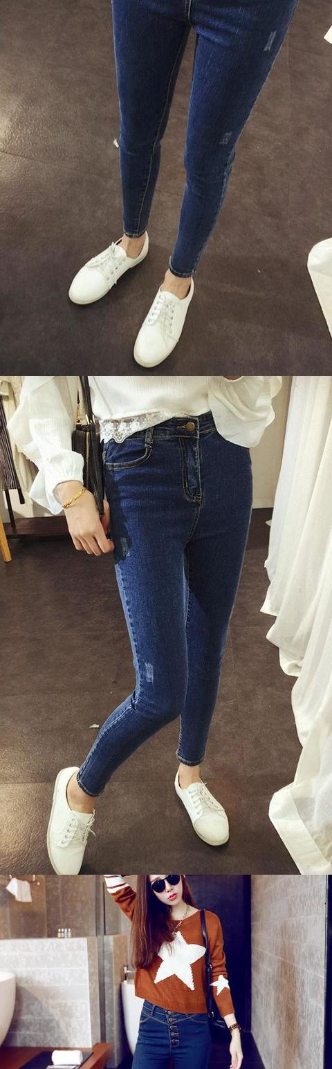 Xuân 2017 thu mới quần jeans nữ hàn quốc mỏng eo cao duỗi chân học sinh quần dài bút chì 1047 quần bò dài