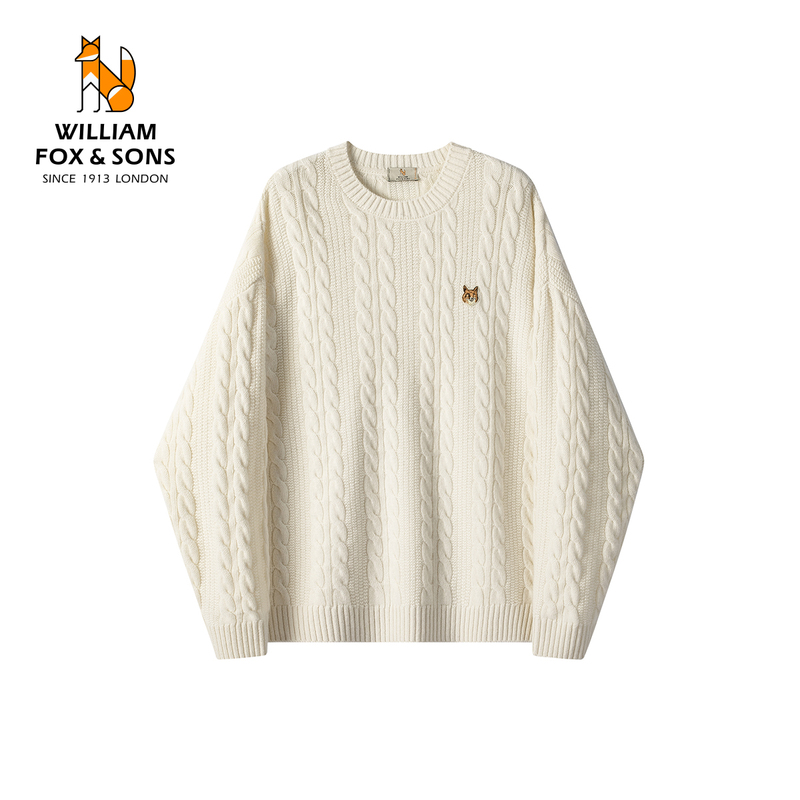 William Fox 100% Sheep Wool Knitwear, Lazy Old Money Style, Round Neck, Commuter Pullover, Retro Sweater for Men and Women