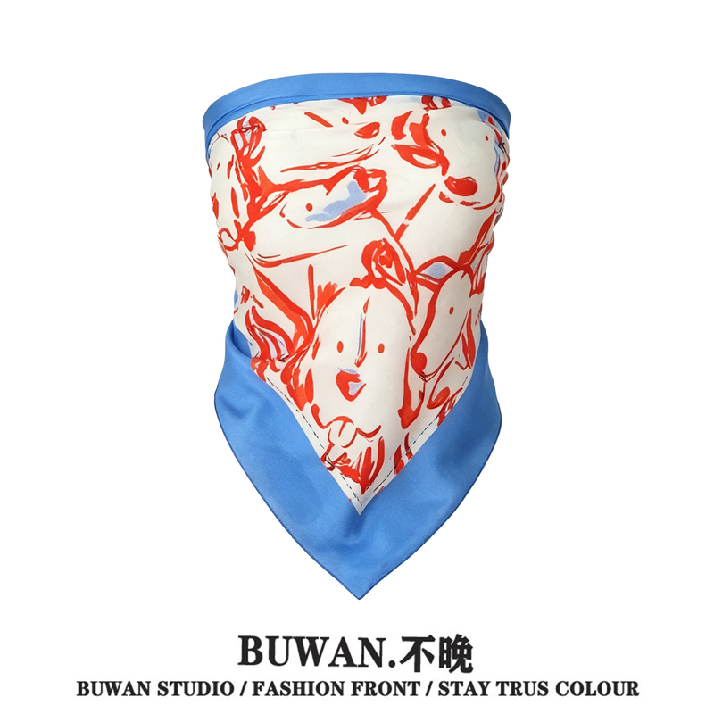 American-Style Personalized Graffiti Print Square Scarf Tube Top for Women, Summer Blue, Hemmed Triangle Hem, Short Outerwear Camisole Top American-Style Personalized Graffiti Print Square Scarf Tube Top for Women, Summer Blue, Hemmed Triangle Hem, Short Outerwear Camisole Top