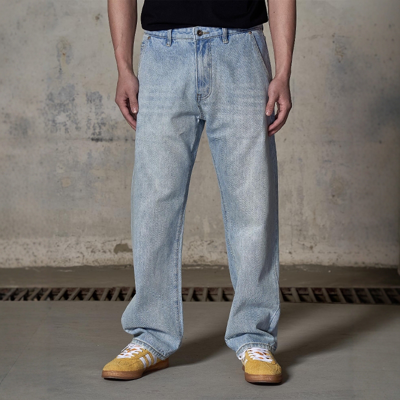 New Men's Straight-Leg Jeans, American-Style Jeans, Casual, Retro, Versatile, Loose, Washed, Distressed, Light-Colored
