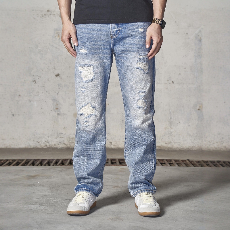 Rl Men's Straight-Leg Jeans American Style Casual Retro Versatile Loose Fit Washed Vintage Light Color