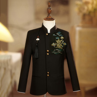 男童西装中国风刺绣中山装儿童黑色立领复古演出西服中式学生正装