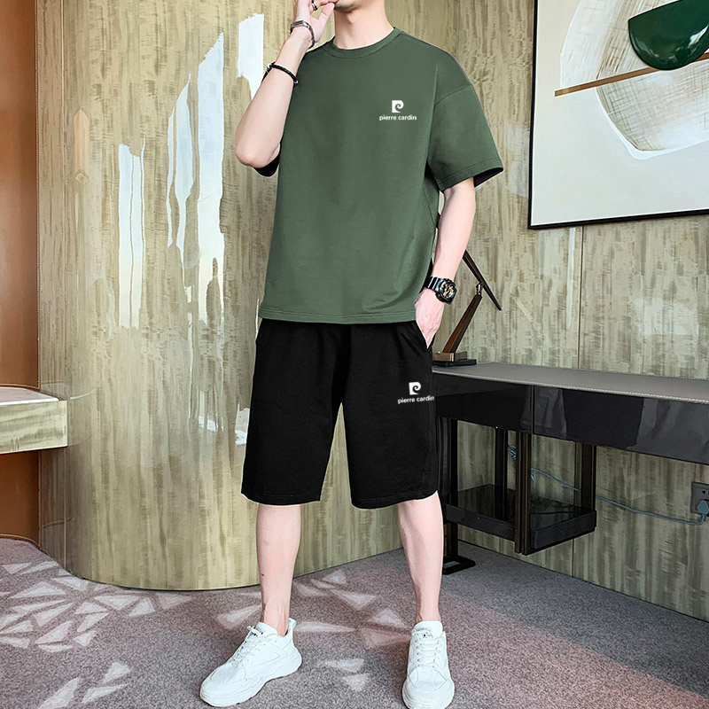 French Pierre Cardin High-End Summer Suit Men's Pure Cotton T-Shirt Large Size Short-Sleeved Shorts Casual Sports Two-Piece Set