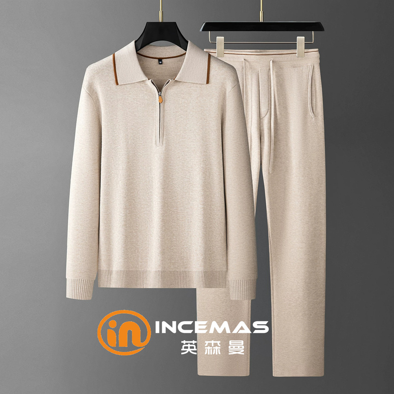 Yingsenman [Wool/Silk] Old Money Style Autumn/Winter High-End Knitted Lapel T-Shirt Men's Casual Sports Set
