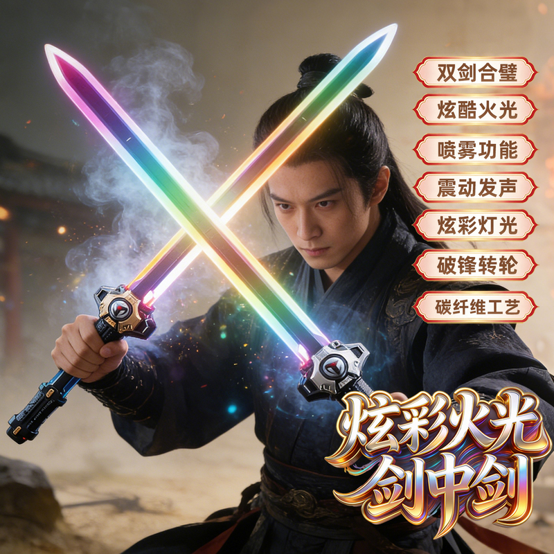 Laser Double Sword Pull-Out Spray Spark Sword 2026 New Black Technology Boys' Glowing Toy Birthday Gift