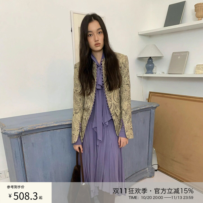 Spoii Khaki Retro Paisley Pattern Purple Buttoned Suit Padded Jacket/Purple Bow Dress Spoii Khaki Retro Paisley Pattern Purple Buttoned Suit Padded Jacket/Purple Bow Dress