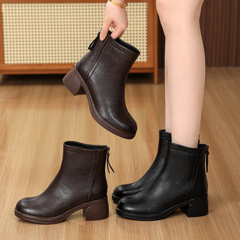Thick heel short boots for women 2025 new style soft sole soft leather slim boots genuine leather plus velvet boots fashionable women's boots versatile leather boots