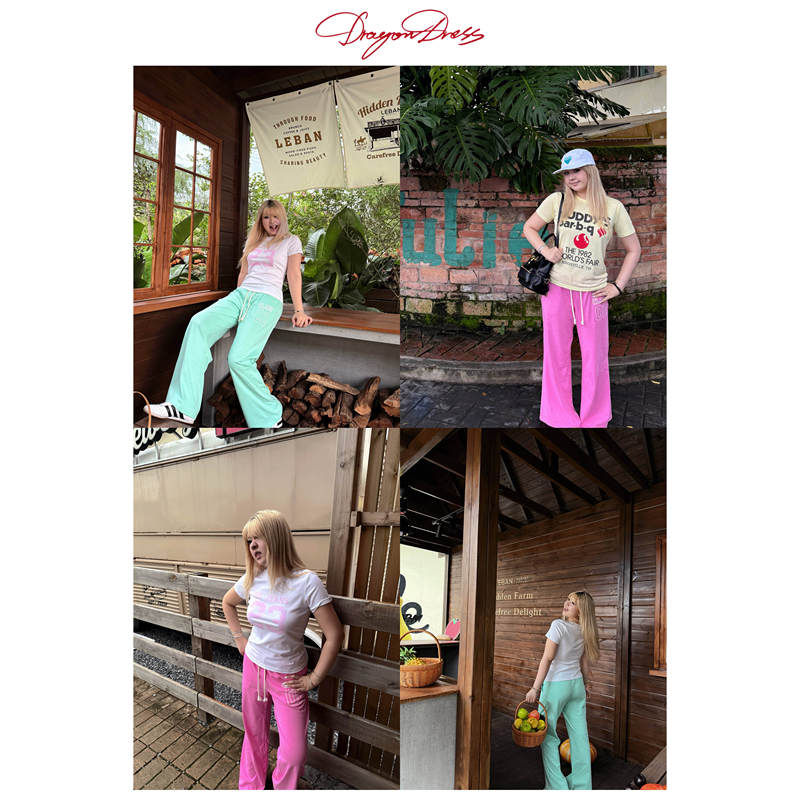 Dragondress Two-Color Drawstring Sweatpants Pure Cotton Comfortable Pink Mint Green Suitable for Sports Pants