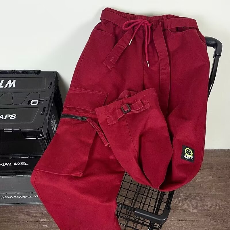 Street-Style American Hip-Hop Red Cargo Pants for Men and Women with Elastic Waistband and Ribbon Design, Loose-Fitting Women's Wide-Leg Casual Pants Street-Style American Hip-Hop Red Cargo Pants for Men and Women with Elastic Waistband and Ribbon Design, Loose-Fitting Women's Wide-Leg Casual Pants