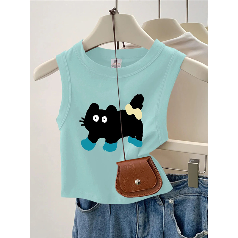 Mint Mambo Round-Neck Vest for Women, Summer 2024 New Style, Slim Fit, Sleeveless, Short Top