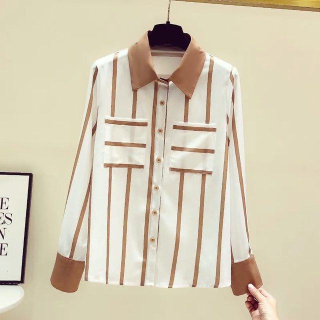 Brand discount women's clothing cutting label counter withdrawal foreign trade spring and autumn striped long-sleeved shirt women's contrast color chic top trendy