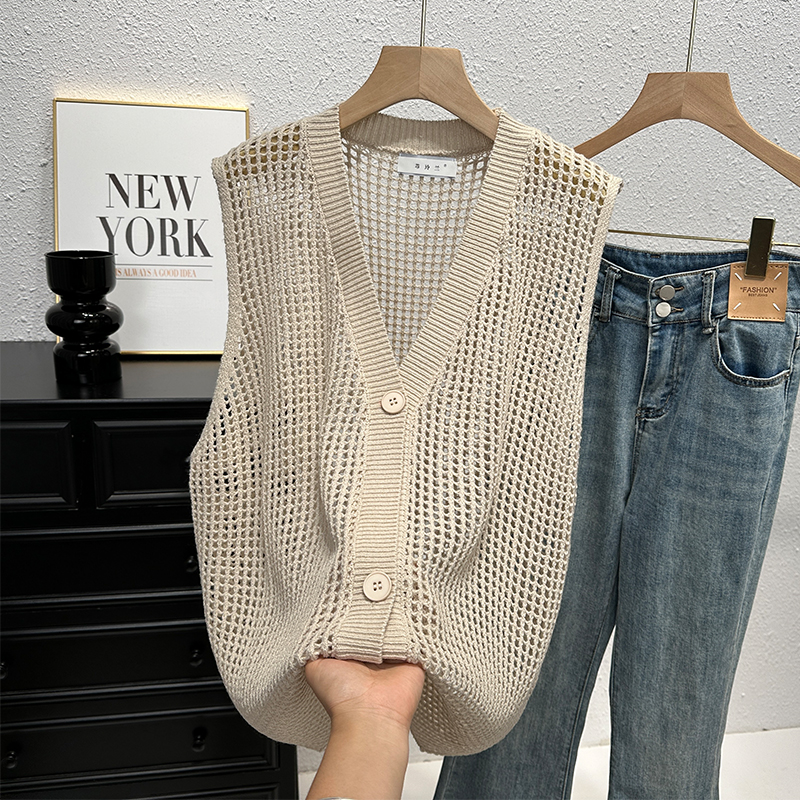 ヨーロッパ風のレトロなノースリーブセーター、女性用、秋のファッションスタイル、Vネックのウエストコート、ベスト、ユニークな中空カジュアルトップス